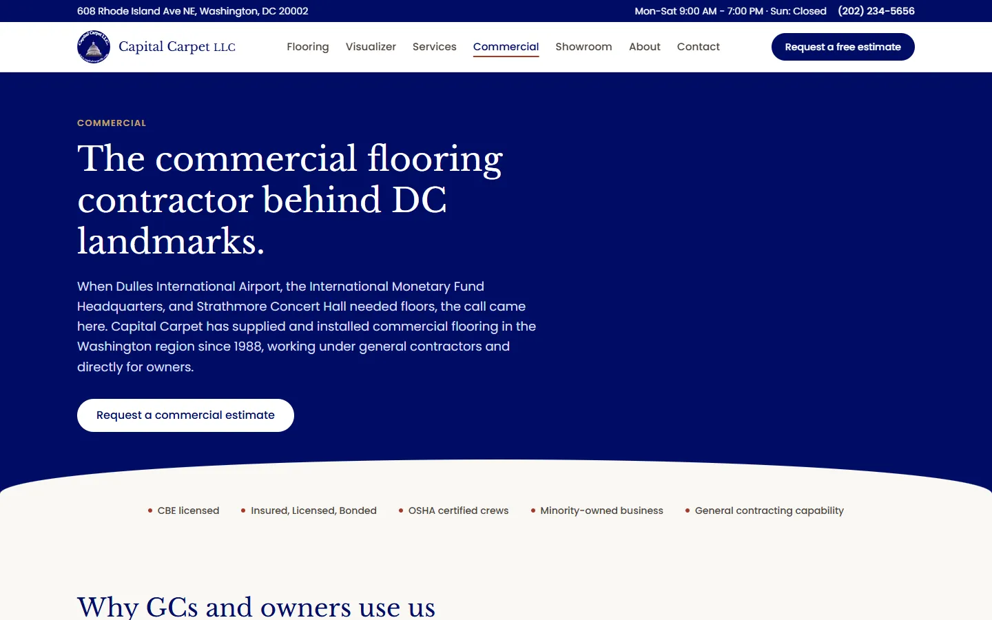 The commercial flooring page naming Dulles Airport, the IMF Headquarters, and Strathmore