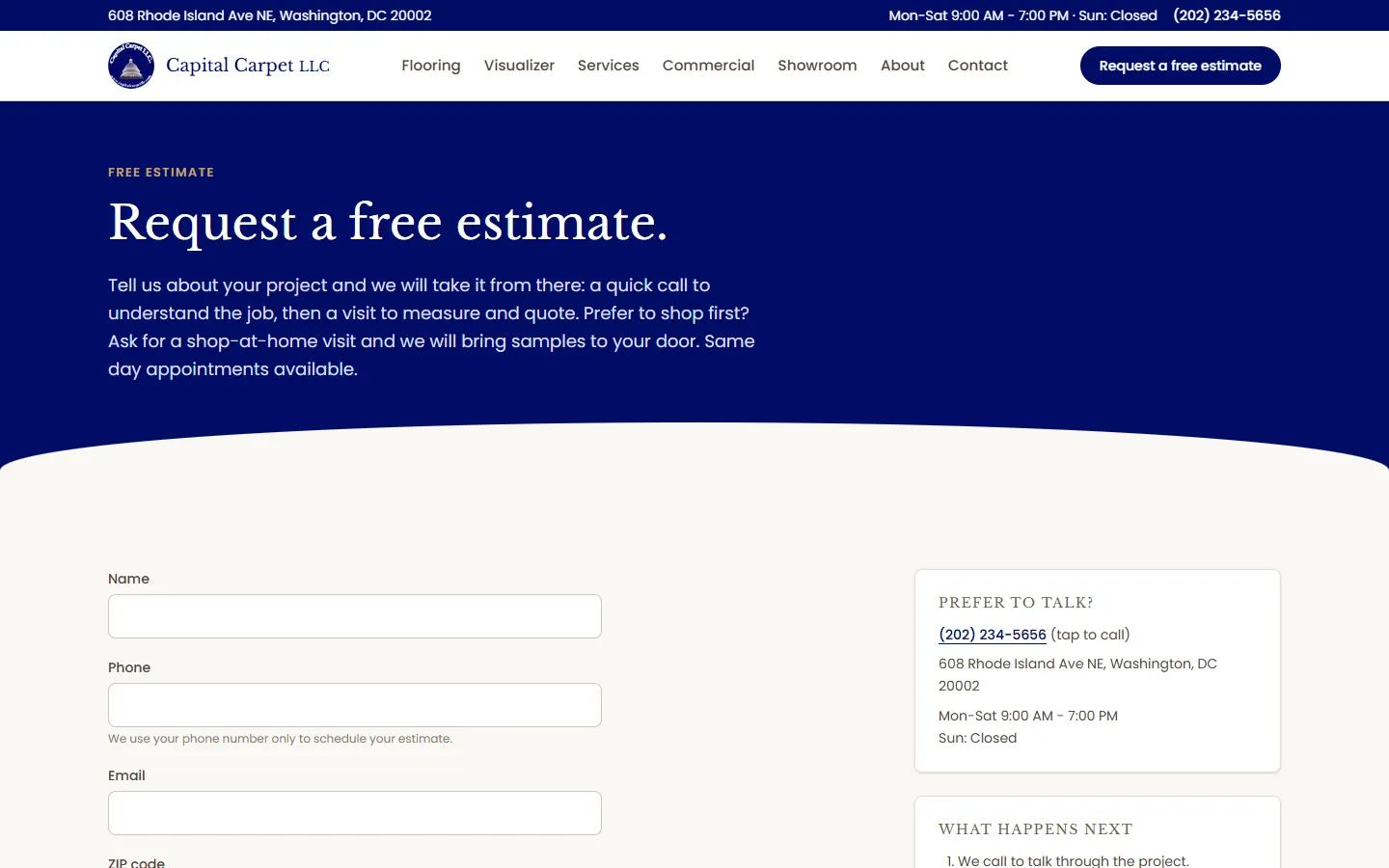 The free estimate page with a short form and the phone number beside it