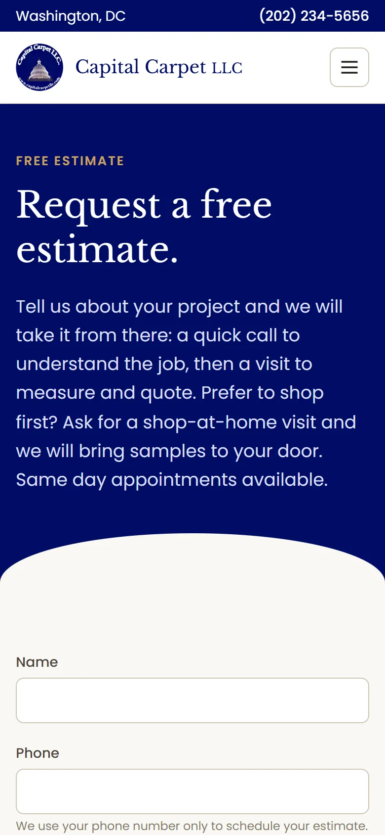 The free estimate page on a phone