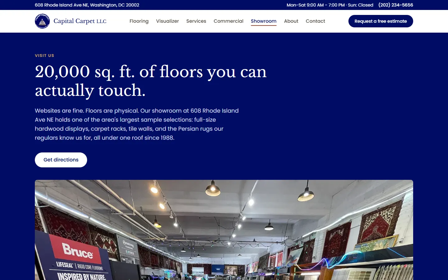 The showroom page with a real photo of the 20,000 sq ft showroom