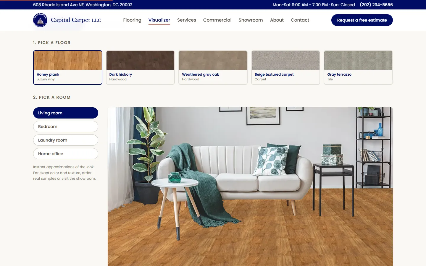 The room visualizer: pick a floor, pick a room, and see the floor laid into the photo