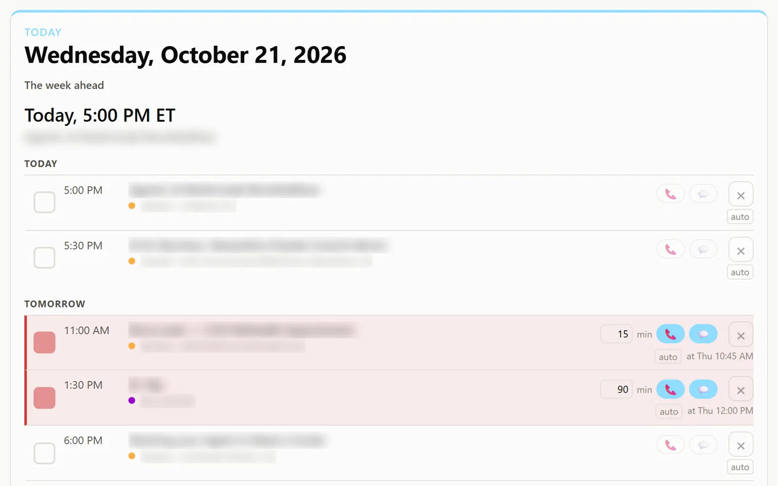 The week ahead, with a phone call button, a text button, and a reminder time beside each event; event names and places are blurred