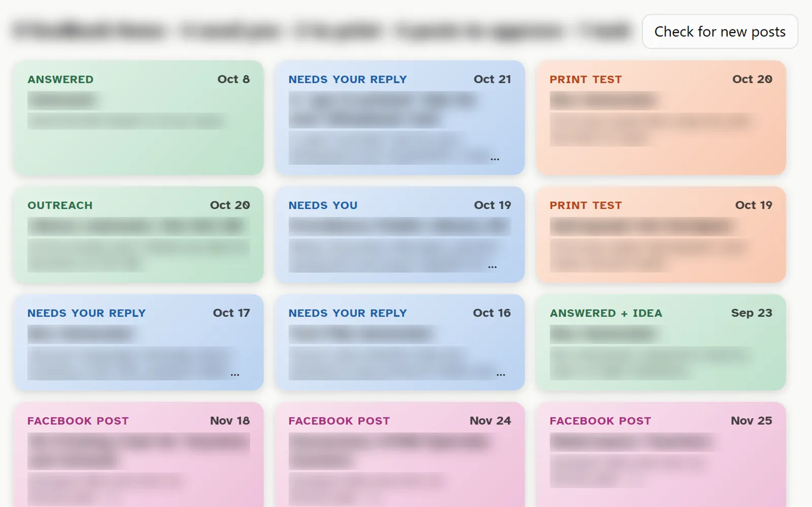 A board of color-coded cards: answered, needs your reply, print test, outreach, Facebook post, and to do, each with a date; the text on each card is blurred