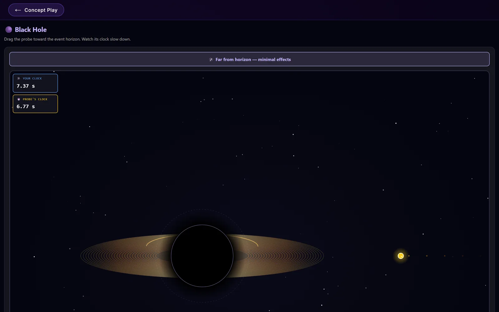 Falling Toward a Black Hole: a dark disc with a glowing ring, a small probe to drag toward it, and two clocks that drift apart
