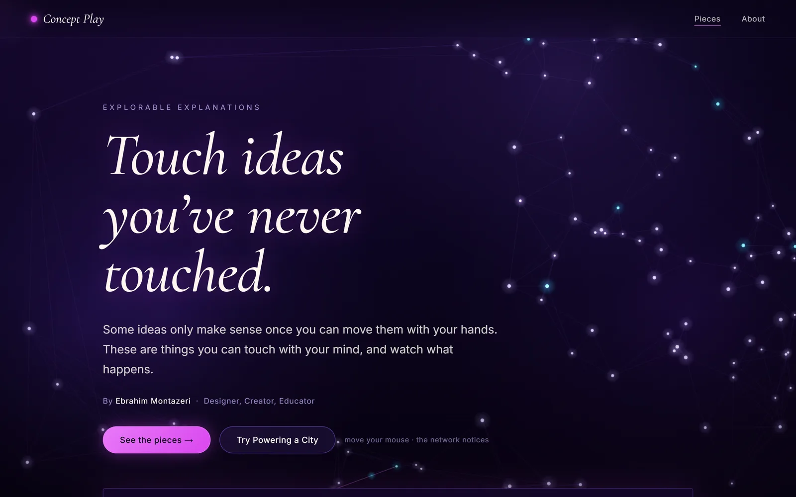 The Concept Play home page: "Touch ideas you’ve never touched" over a living network of glowing points