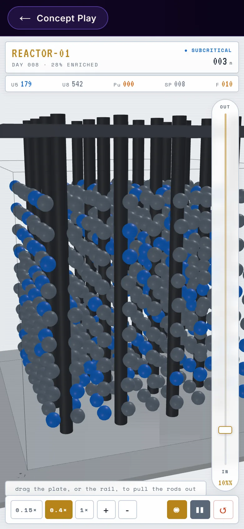The 3D reactor on a phone, with the rod rail on the right