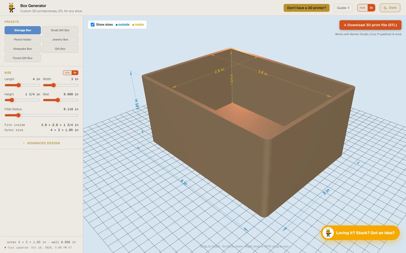 The box generator: presets and sliders on the left, a live 3D preview of a box with its inside and outside measurements on the right