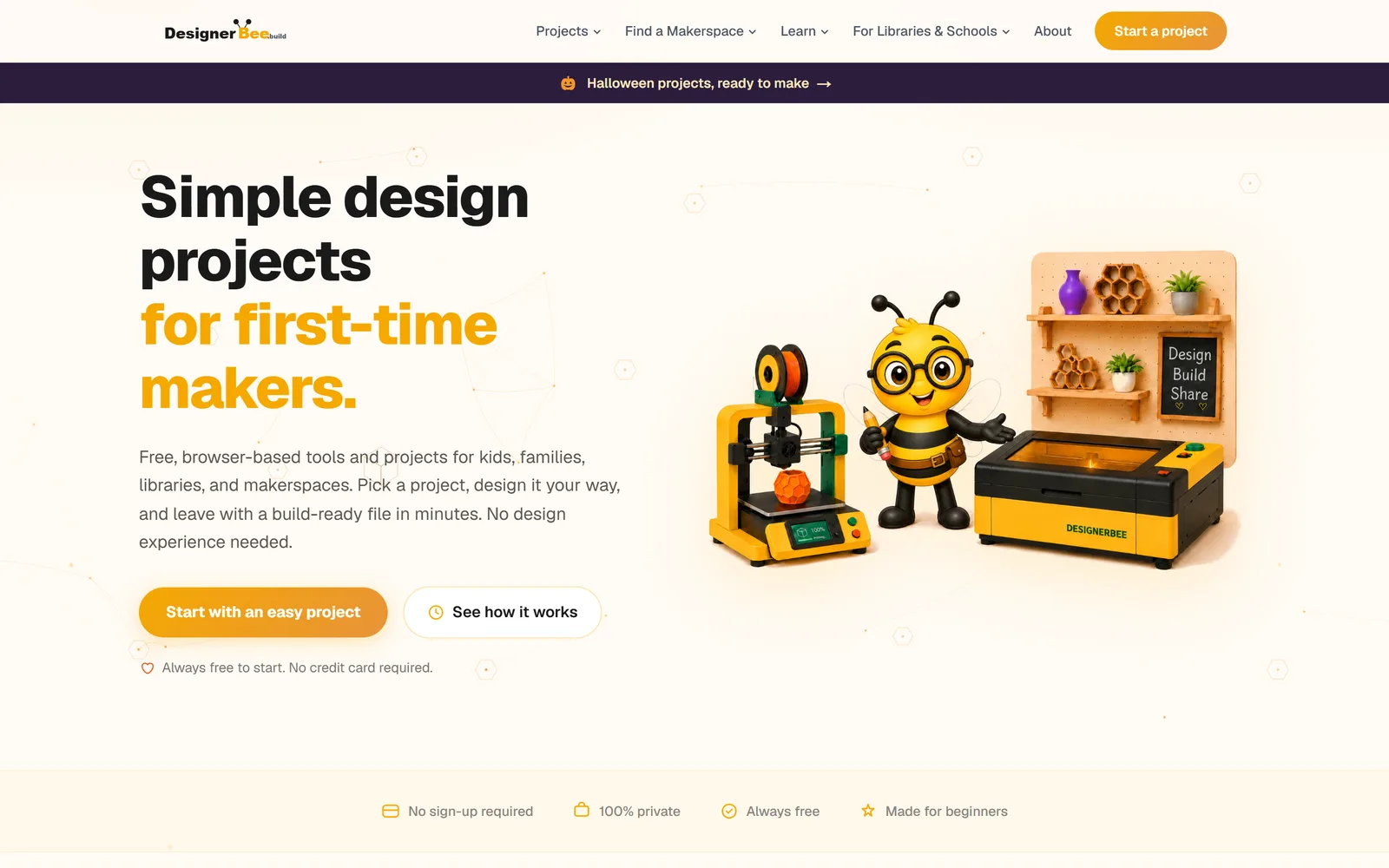 The DesignerBee home page: simple design projects for first-time makers, with the mascot beside a 3D printer and a laser cutter
