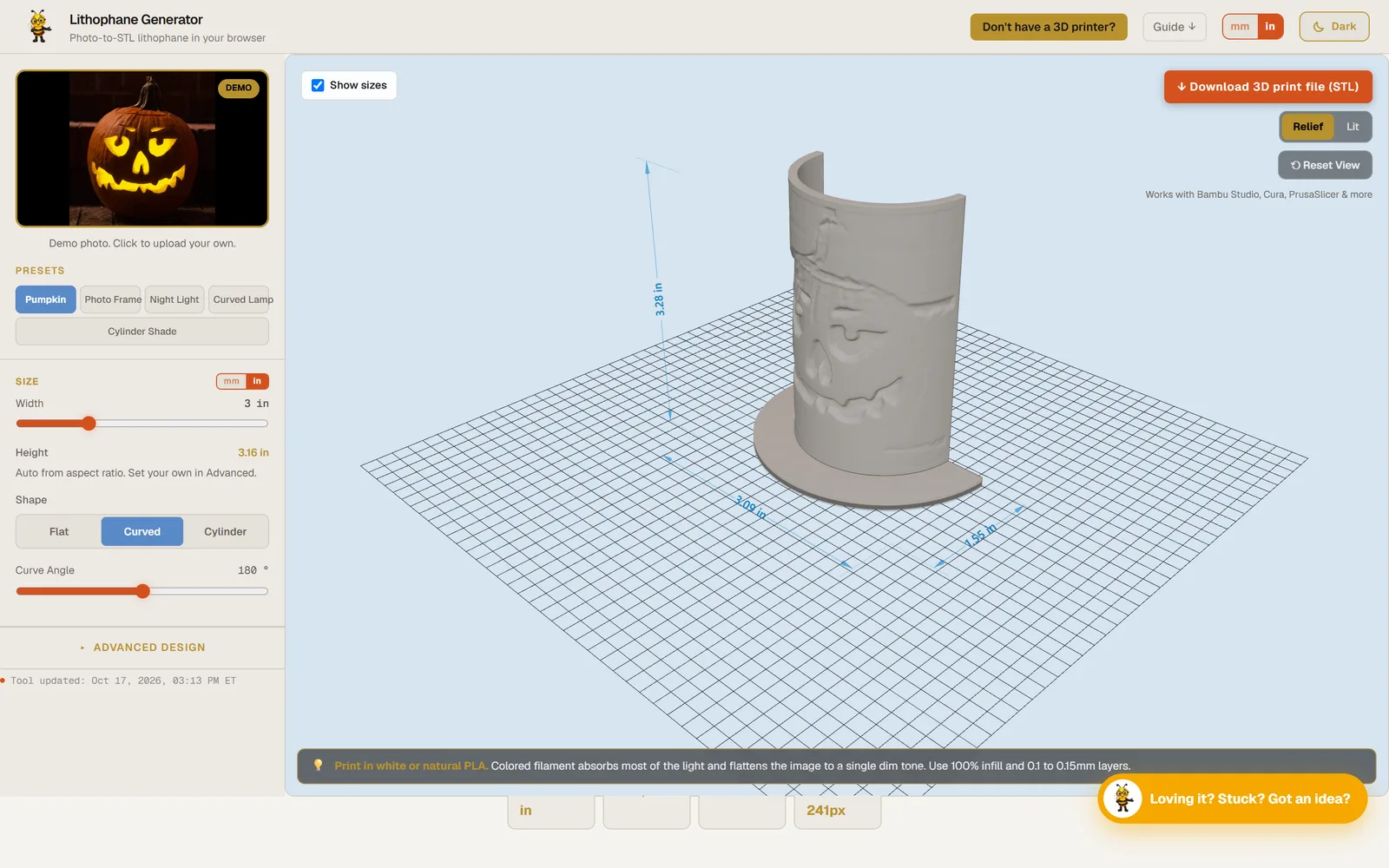 The lithophane generator turning a pumpkin photo into a curved 3D relief