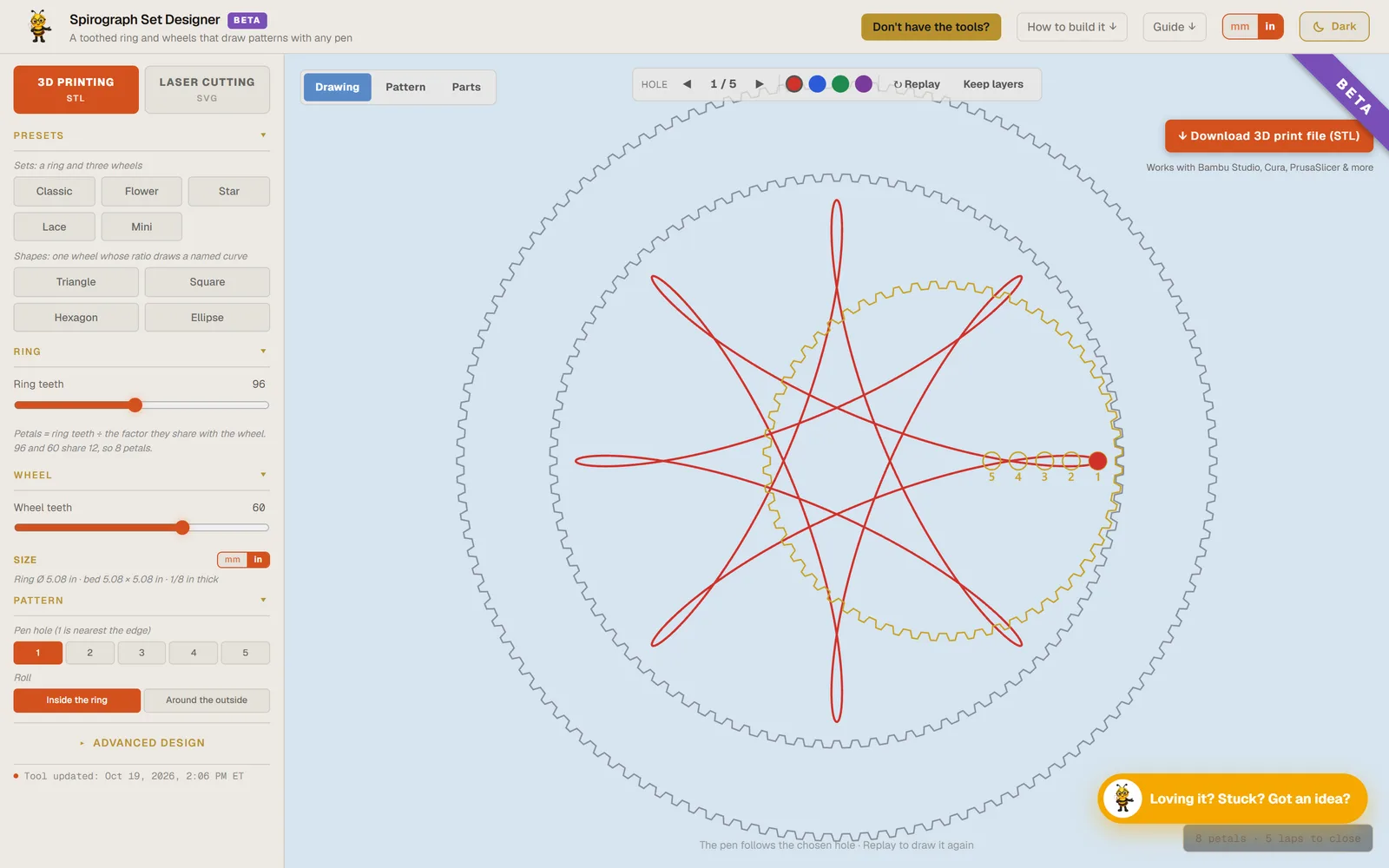 The spirograph set designer drawing a star-shaped pattern inside a toothed ring, with tabs for 3D printing and laser cutting