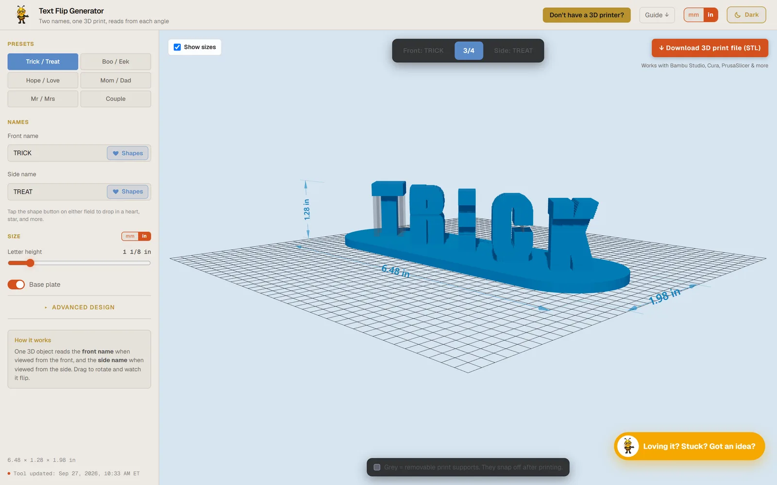 The text flip generator: one 3D print that reads TRICK from the front and TREAT from the side