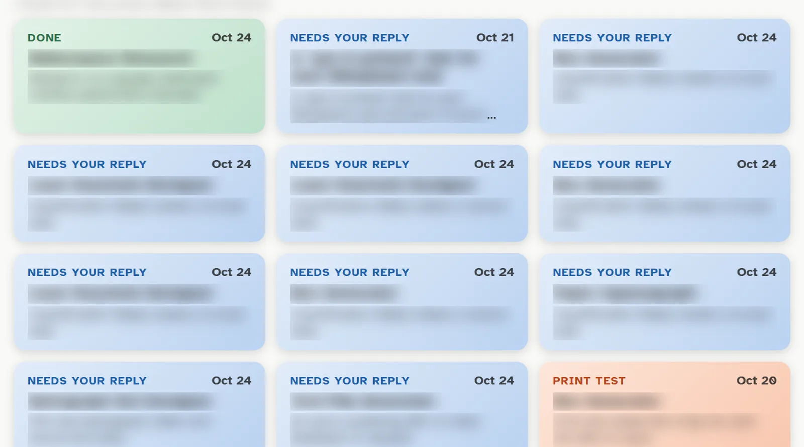 A board of message cards labeled done, needs your reply and print test, each with a date; the messages are blurred