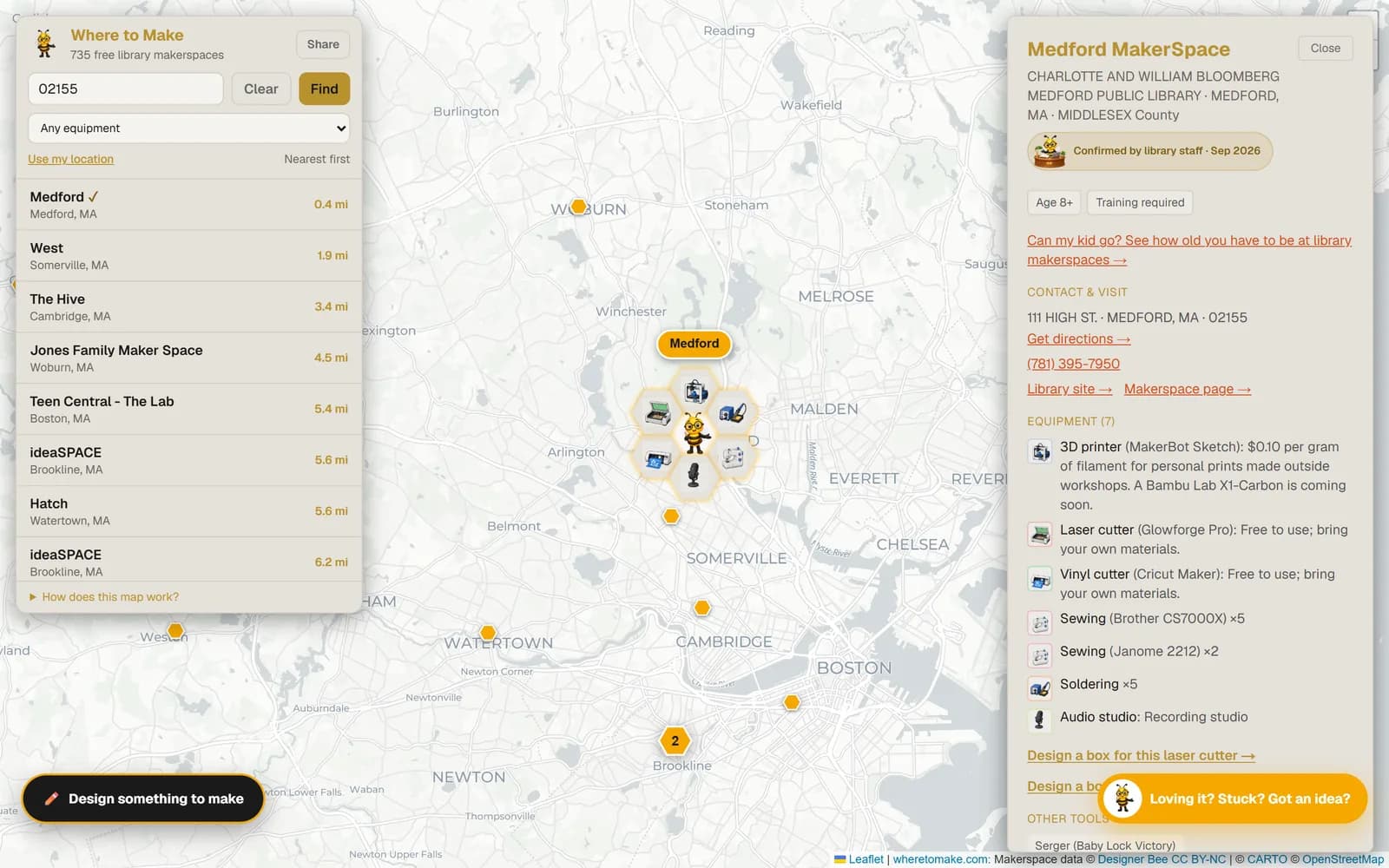 A map listing for a library makerspace with a Confirmed by library staff badge and its equipment list