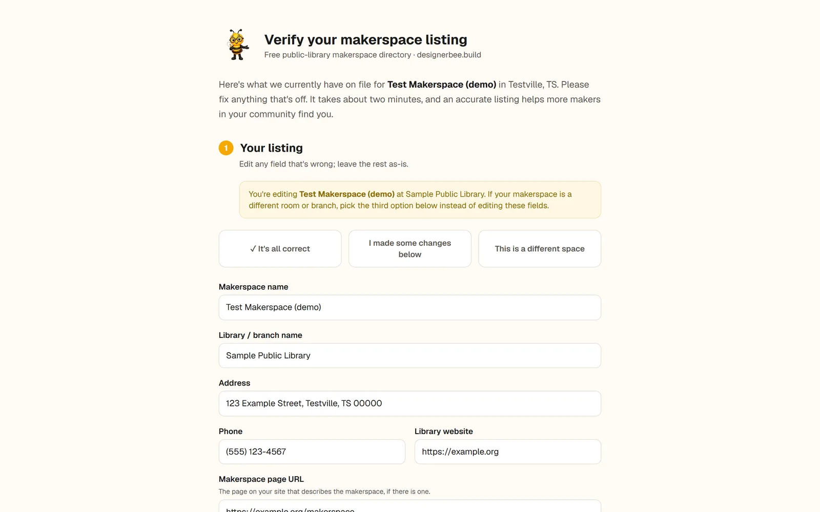 The library verify form, shown with its built-in demo record: confirm the listing, change it, or say it is a different space