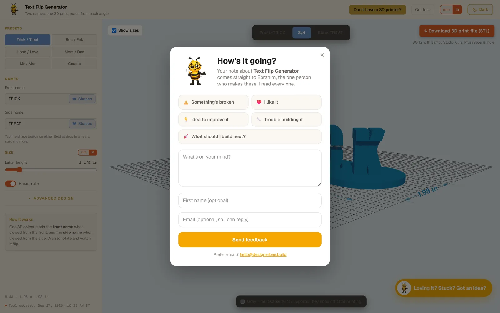 The feedback form on a DesignerBee tool: how is it going, with choices for something broken, I like it, an idea, trouble building it, and what to build next