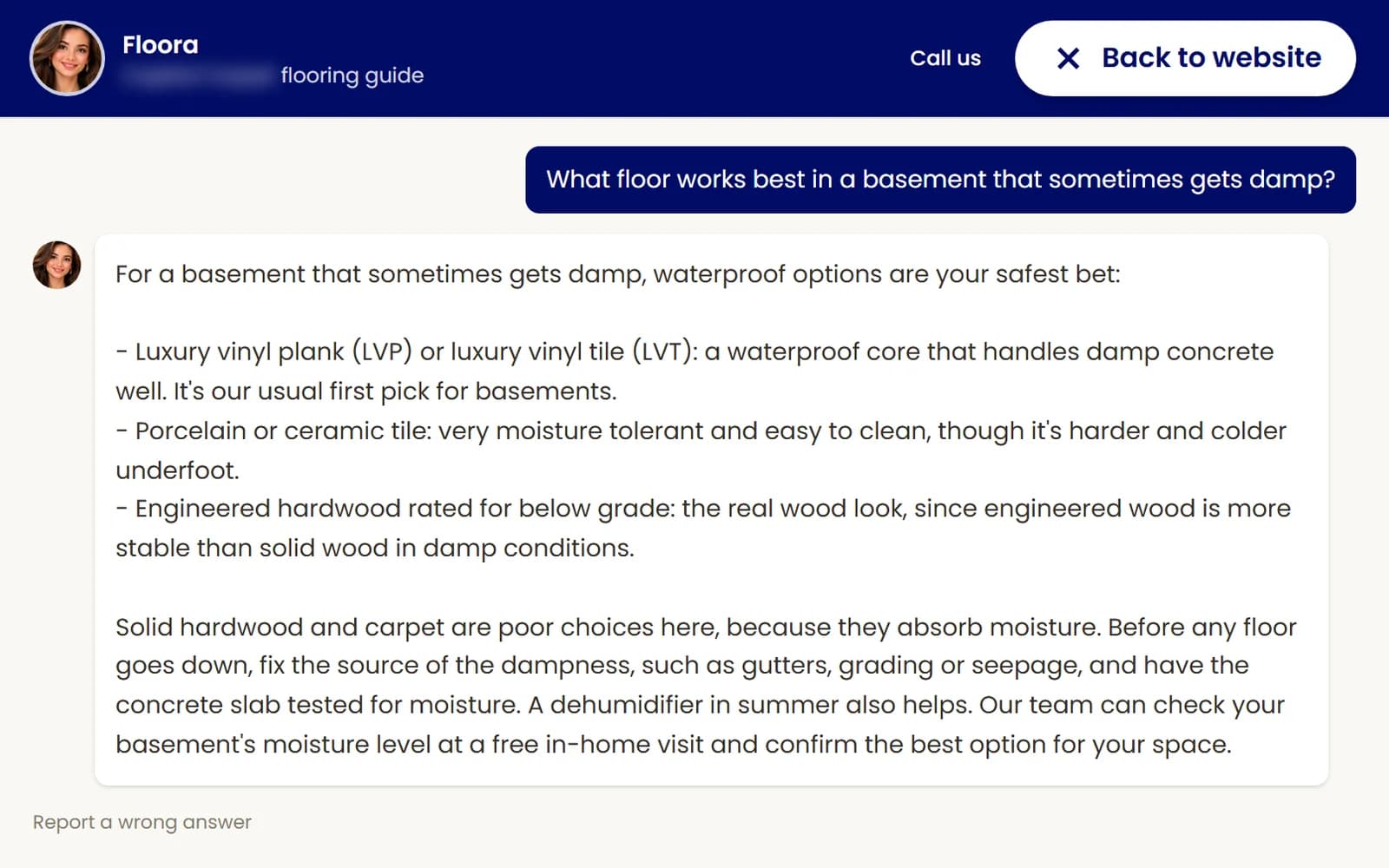 A chat about a damp basement: Floora recommends waterproof vinyl plank, tile or engineered wood, explains why carpet and solid wood are poor choices, and suggests fixing the moisture first