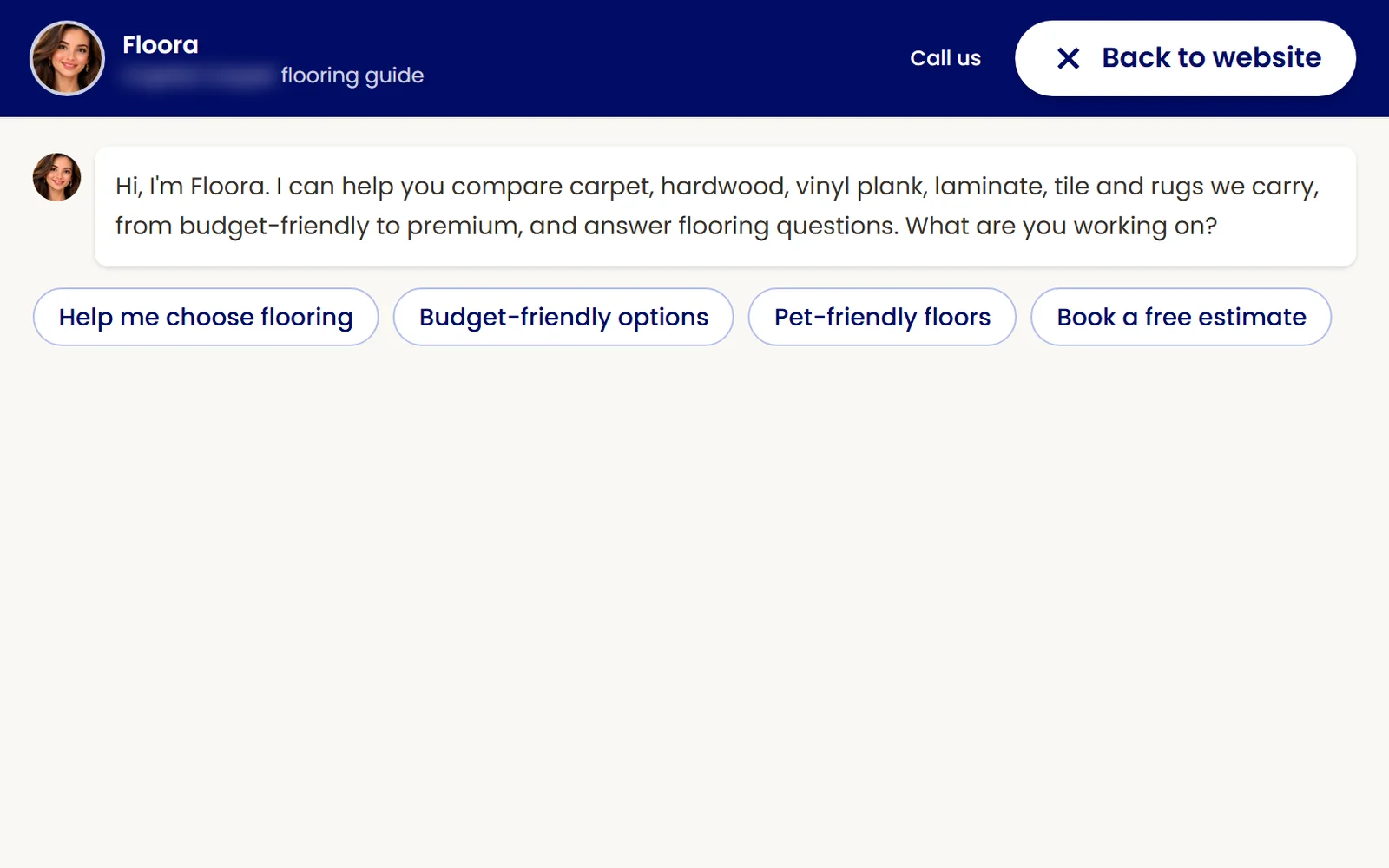 Floora’s chat opening with her greeting and quick buttons for choosing flooring, budget-friendly options, pet-friendly floors and a free estimate