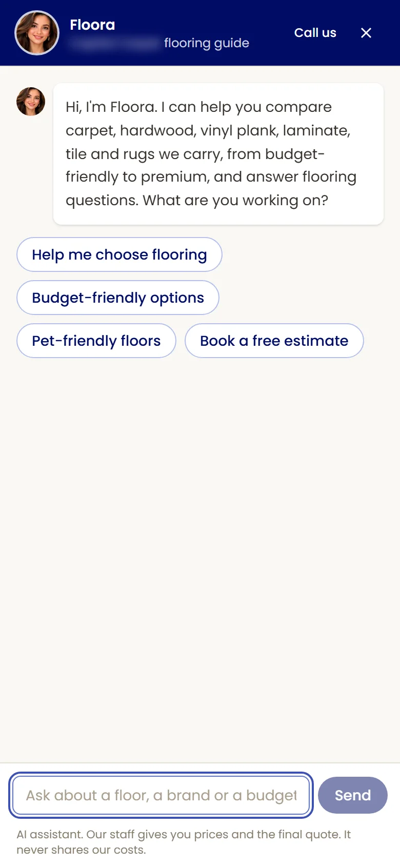 Floora’s chat filling a phone screen, with her greeting and quick buttons