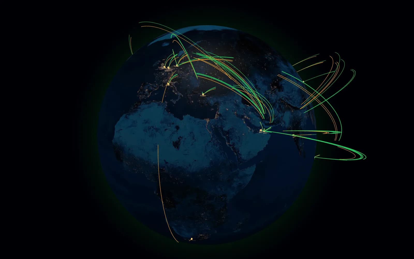 A 3D globe at night with trade routes drawn as green and amber arcs