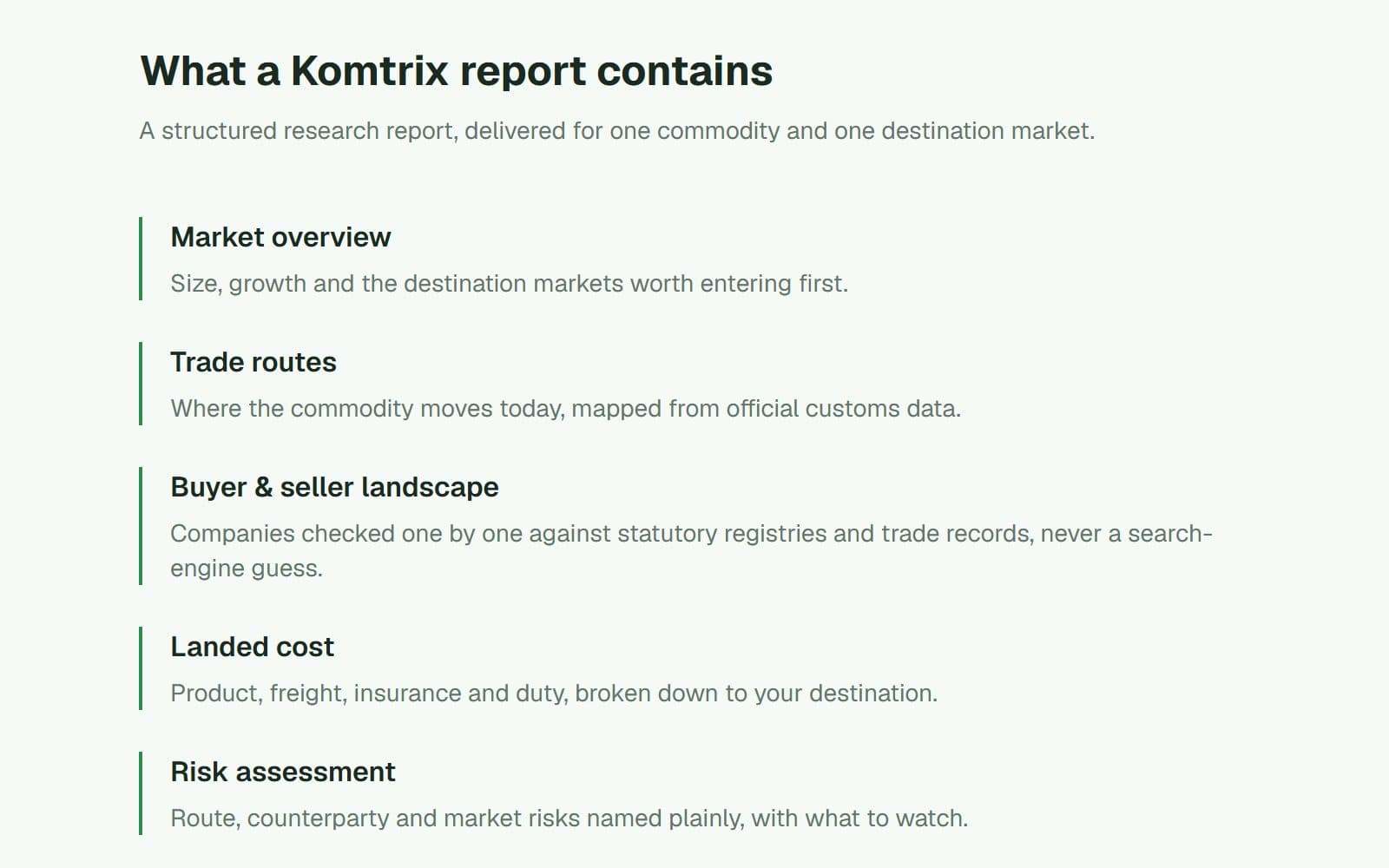 The sections of a Komtrix research report: market overview, trade routes, buyers and sellers, landed cost, risk