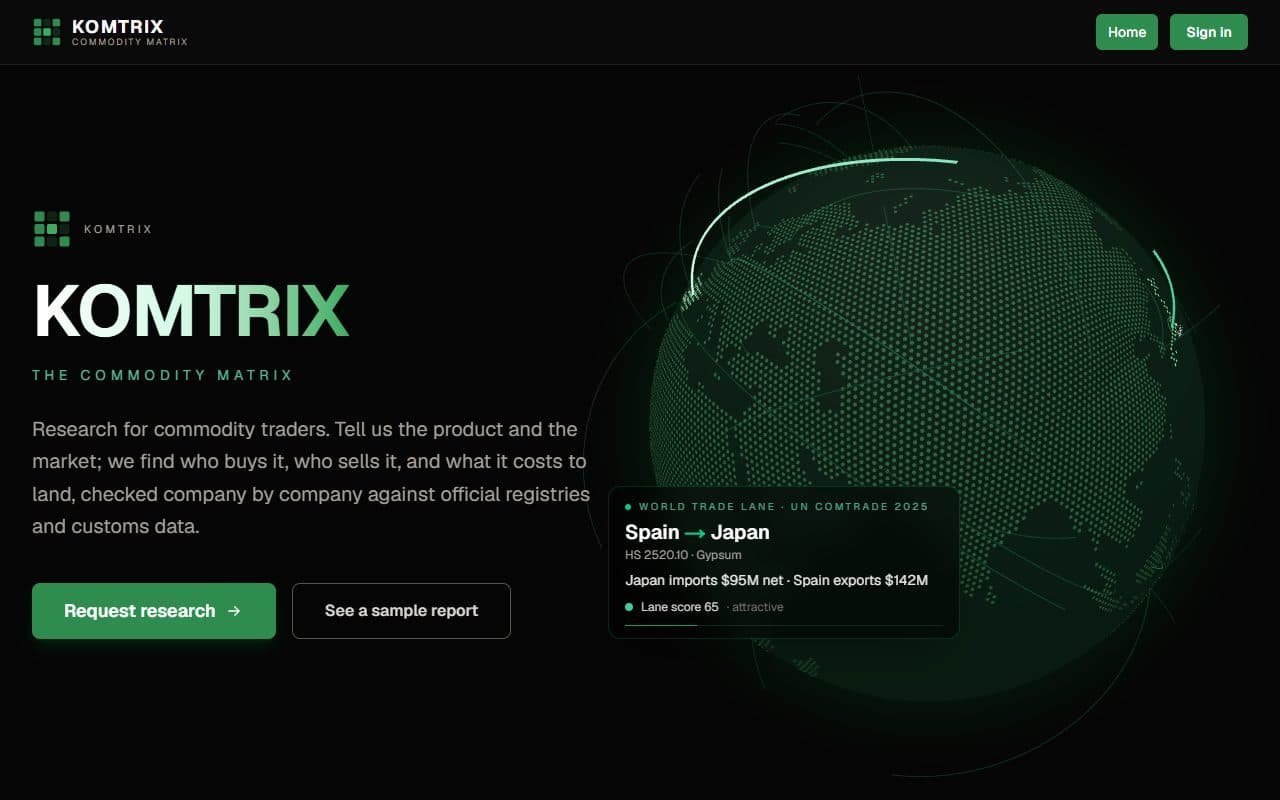 The Komtrix home page with a globe showing a world trade route