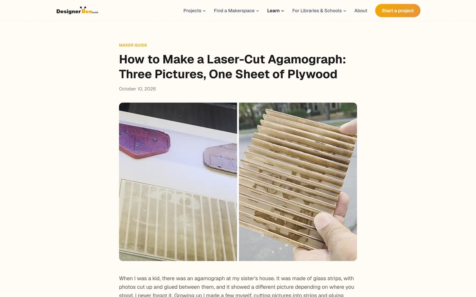 The matching blog post on designerbee.build: How to Make a Laser-Cut Agamograph, with two photos from the shoot