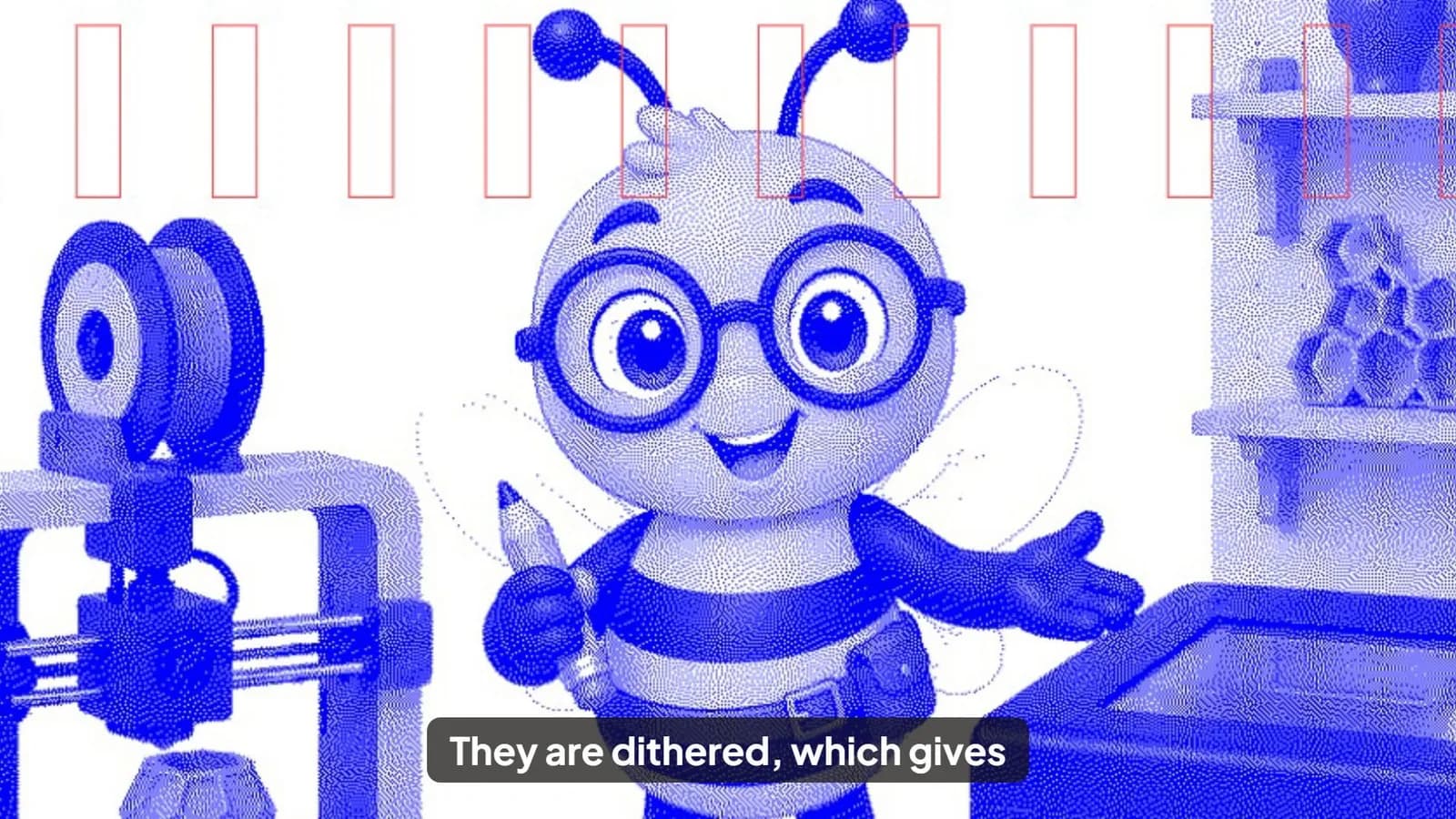 A frame from the how-to: a dithered blue illustration of the DesignerBee mascot, with a caption