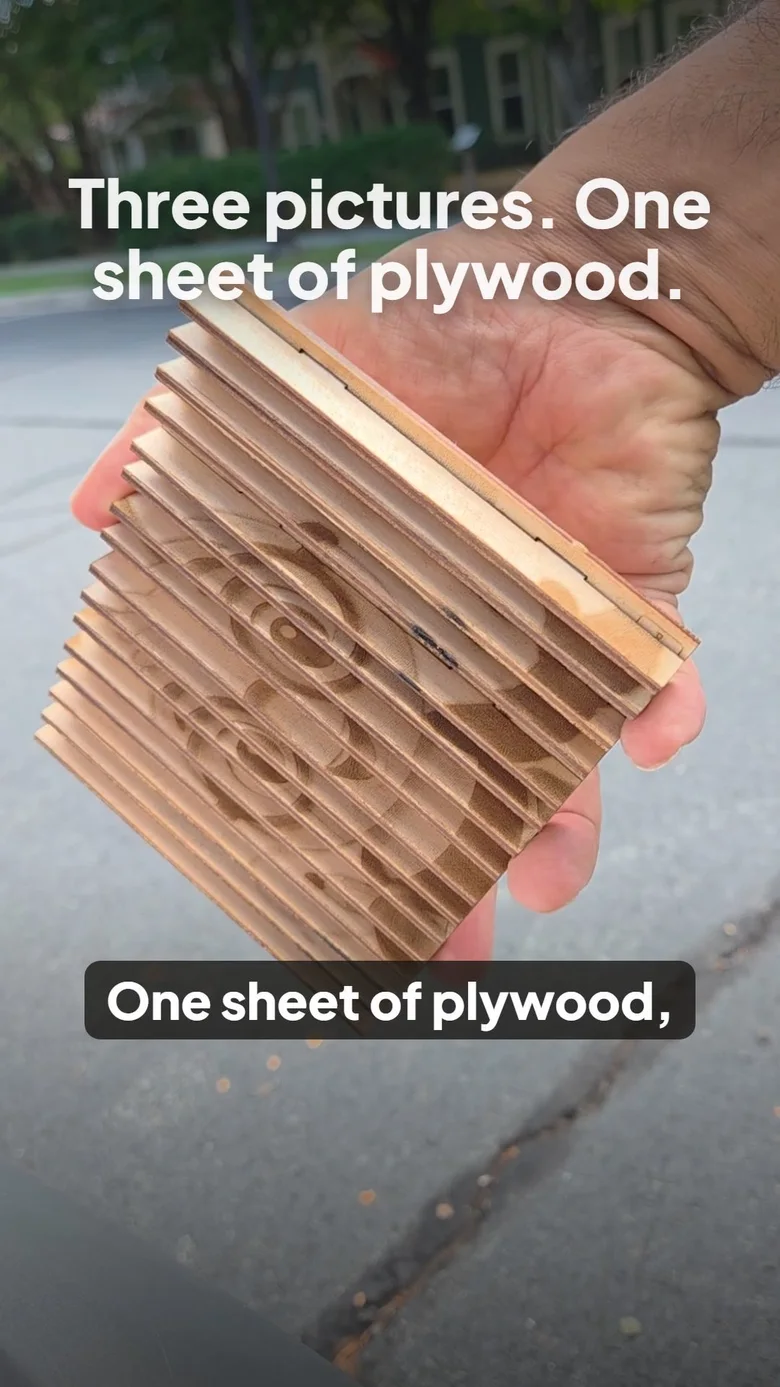 A vertical frame: a hand holding the finished plywood agamograph, captioned