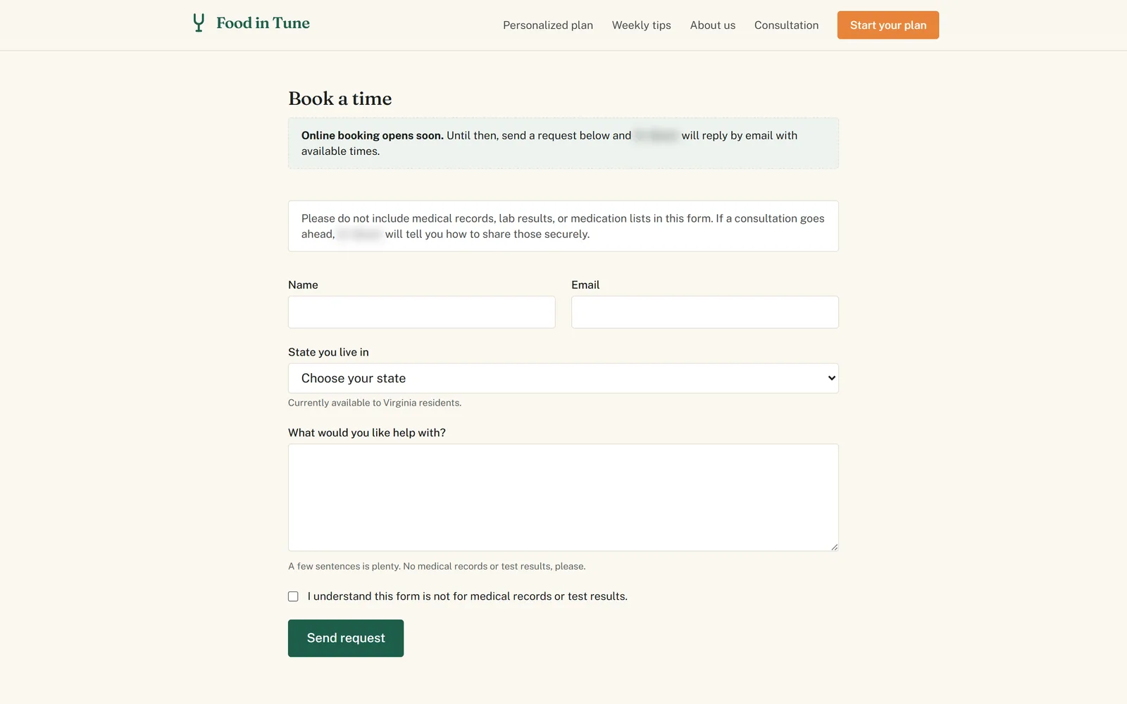 The consultation request form: name, email, state, a short message, and a reminder not to send medical records