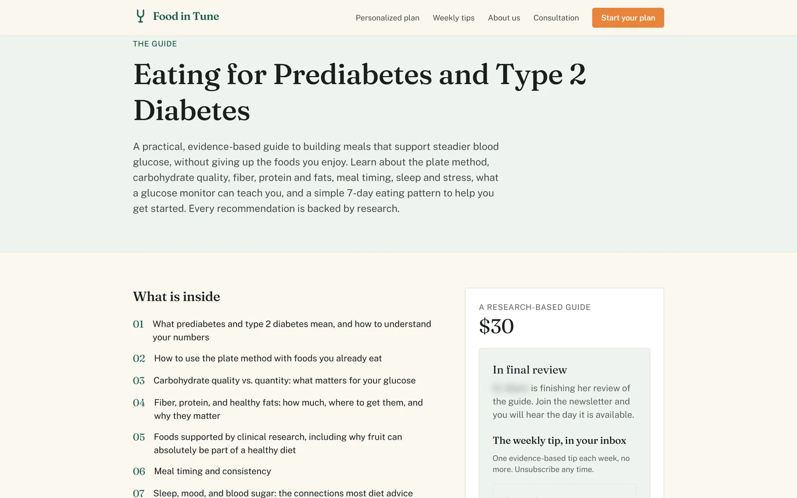 The guide page for Eating for Prediabetes and Type 2 Diabetes: what is inside, and a $30 price card marked In final review
