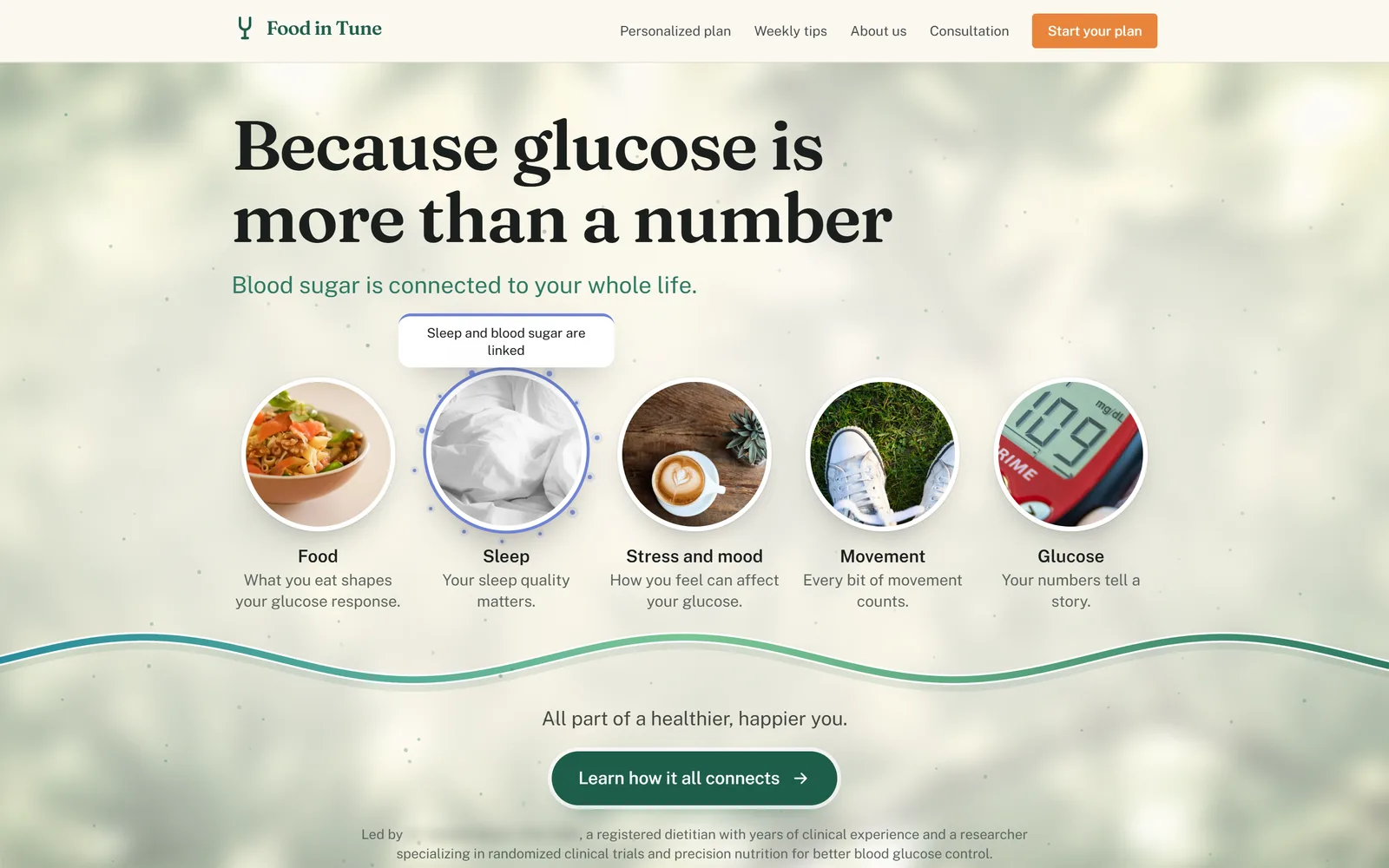 Hovering the sleep circle on the home page: dots gather around it and a note reads "Sleep and blood sugar are linked"
