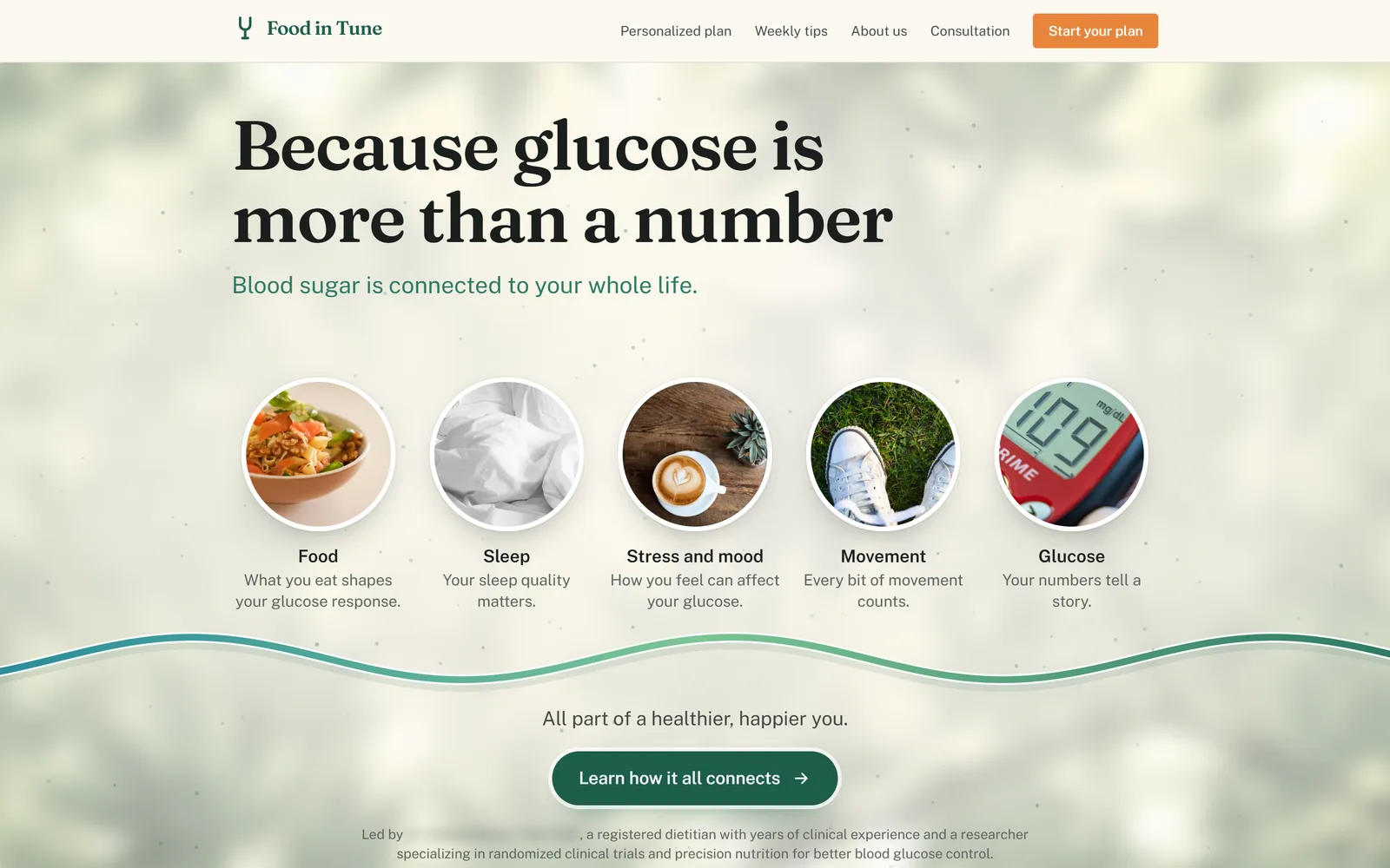 The Food in Tune home page: "Because glucose is more than a number" above five photo circles for food, sleep, stress and mood, movement, and glucose, joined by a glucose wave