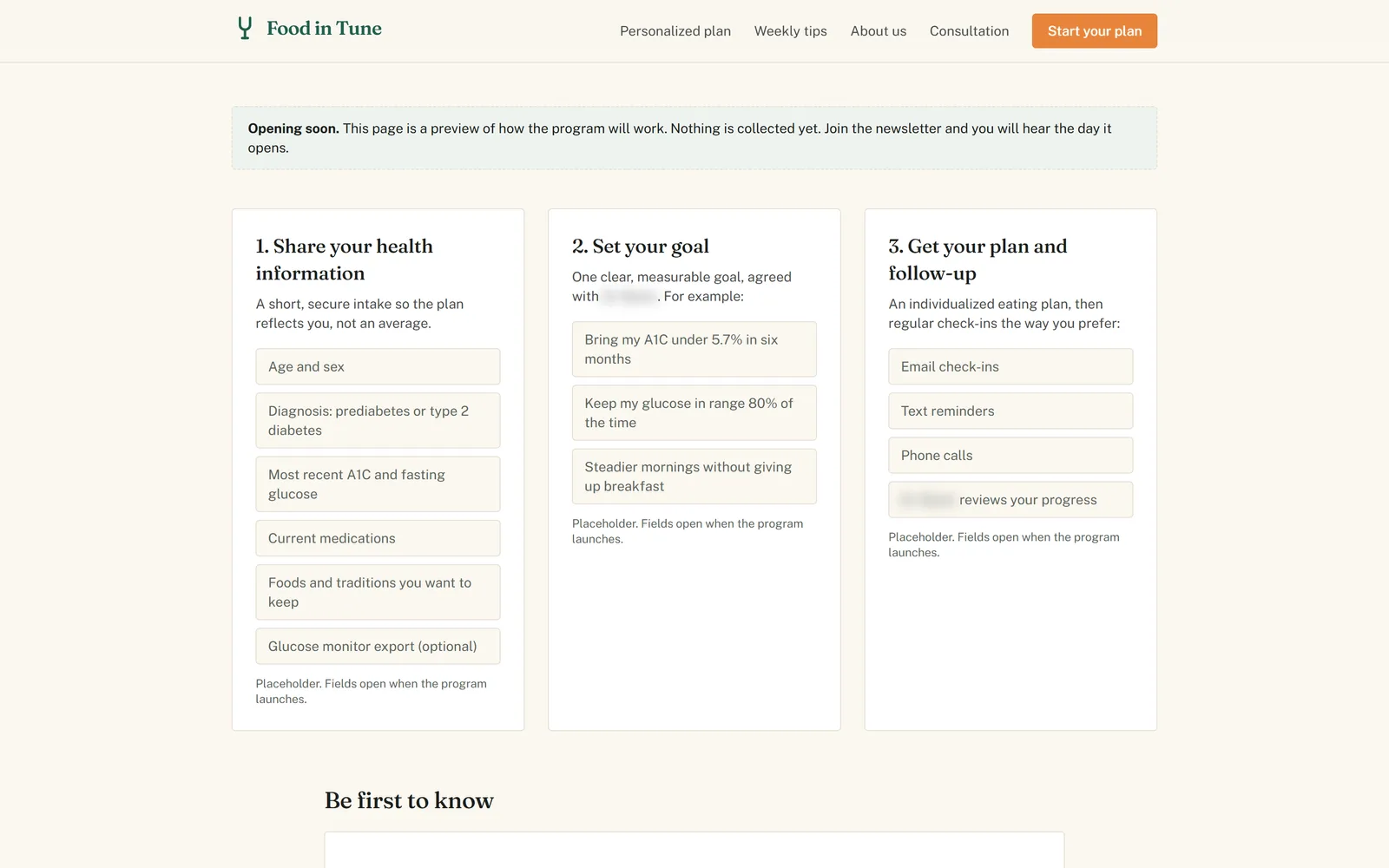 The personalized plan in three steps: share your health information, set one measurable goal, and get an eating plan with check-ins by email, text, or phone