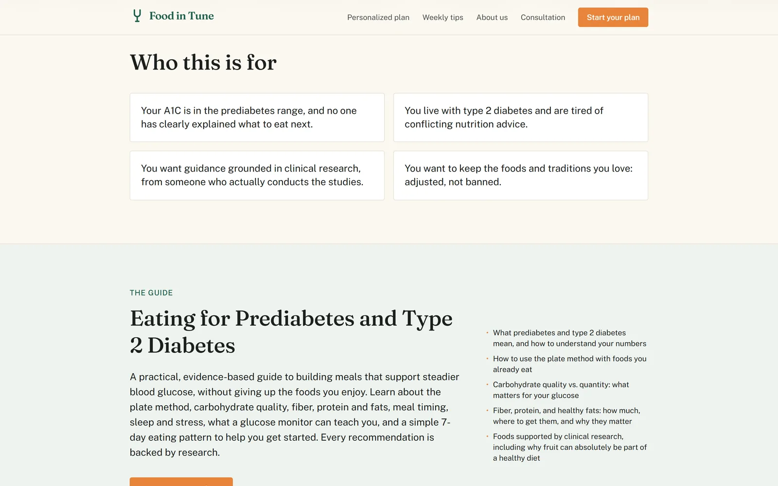 Who this is for: four short statements about prediabetes, type 2 diabetes, research-based advice, and keeping the foods you love