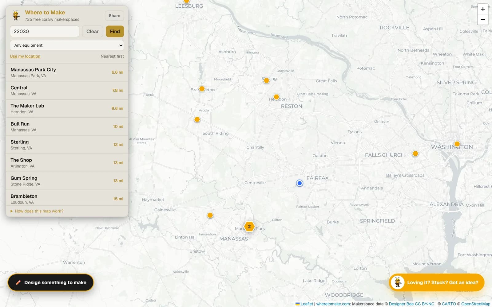 The map zoomed to Fairfax, Virginia after a ZIP code search, with the nearest library makerspaces listed by distance