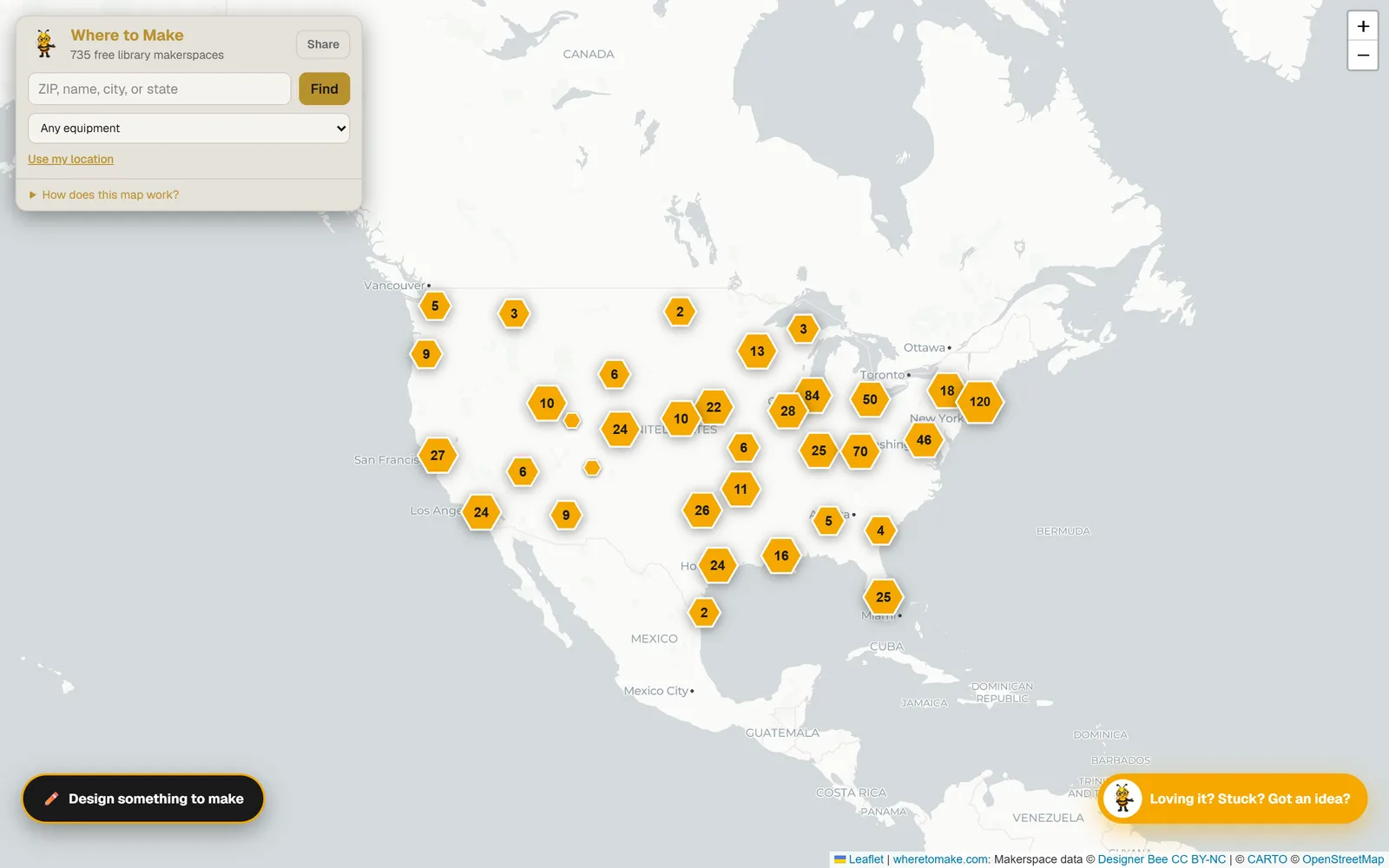 Map of the United States with hexagon clusters counting free library makerspaces, from 2 to 120 per area, under a search box that reads 735 free library makerspaces