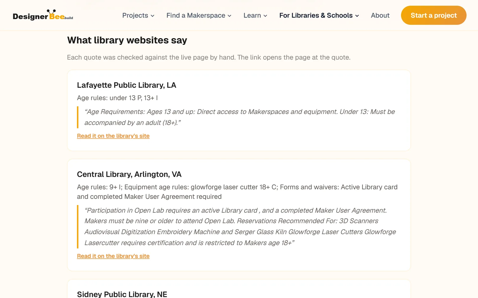Quotes from library websites about age rules, each with a link that opens the library’s page at the quote