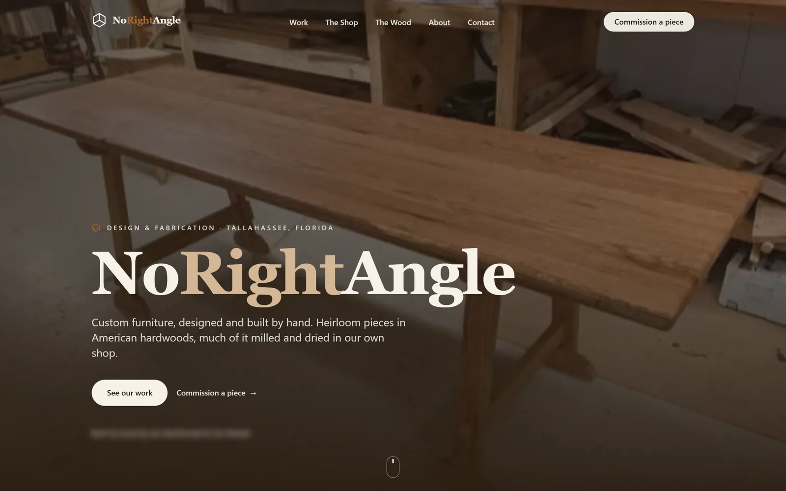 The NoRightAngle home page: the shop name in large serif letters over a photo of a long hardwood table in the workshop