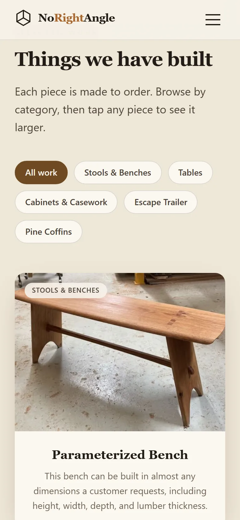 The work section with its category filters on a phone