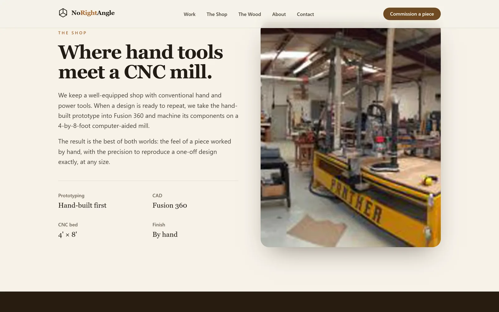 Where hand tools meet a CNC mill: a description beside a photo of the yellow CNC machine in the shop