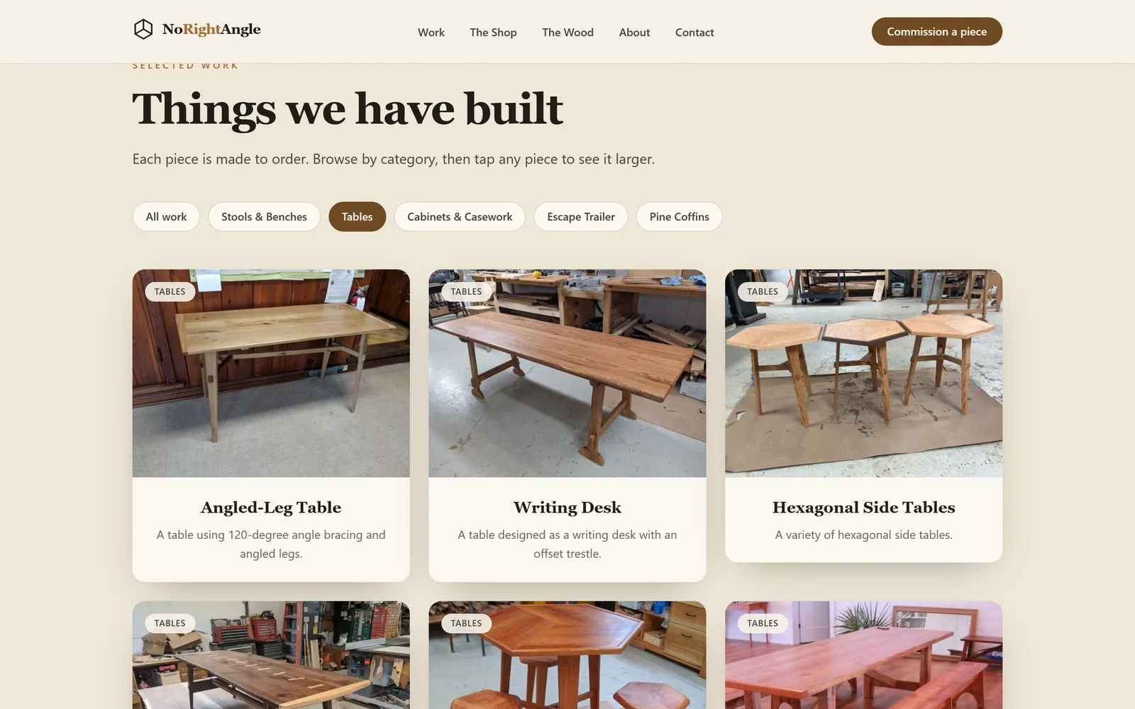The work filtered to tables: an angled-leg table, a writing desk, and hexagonal side tables