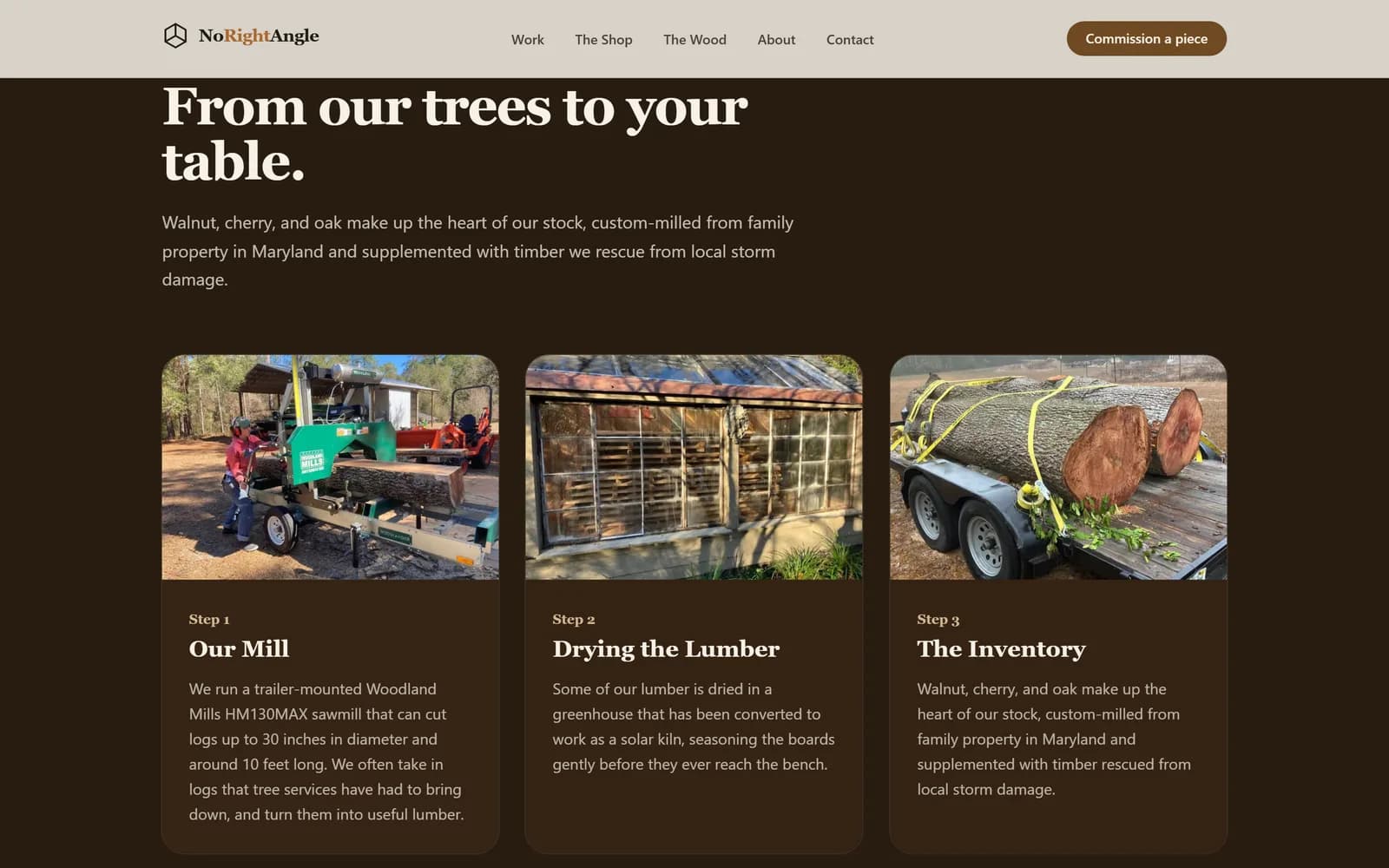 From our trees to your table: three steps with photos of the sawmill, the greenhouse solar kiln, and logs on a trailer