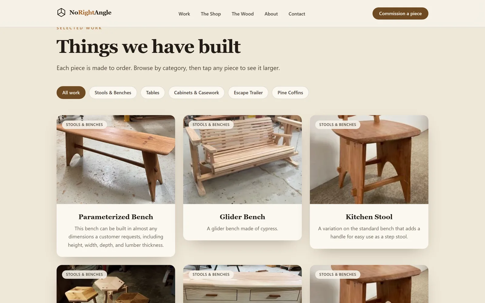 Things we have built: category filters above cards for a parameterized bench, a glider bench, and a kitchen stool