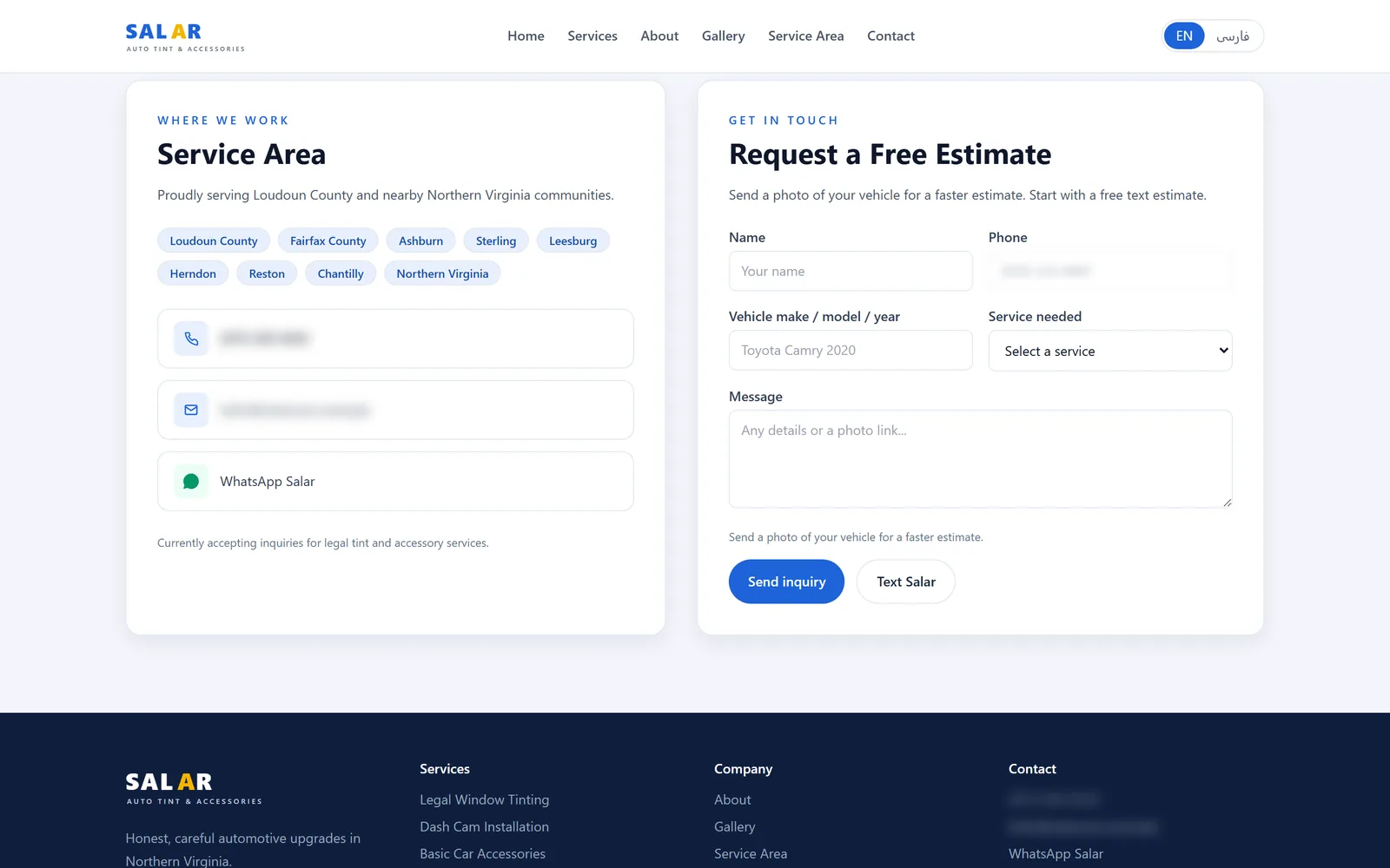 Service area towns and a free estimate form, with the phone number and email blurred