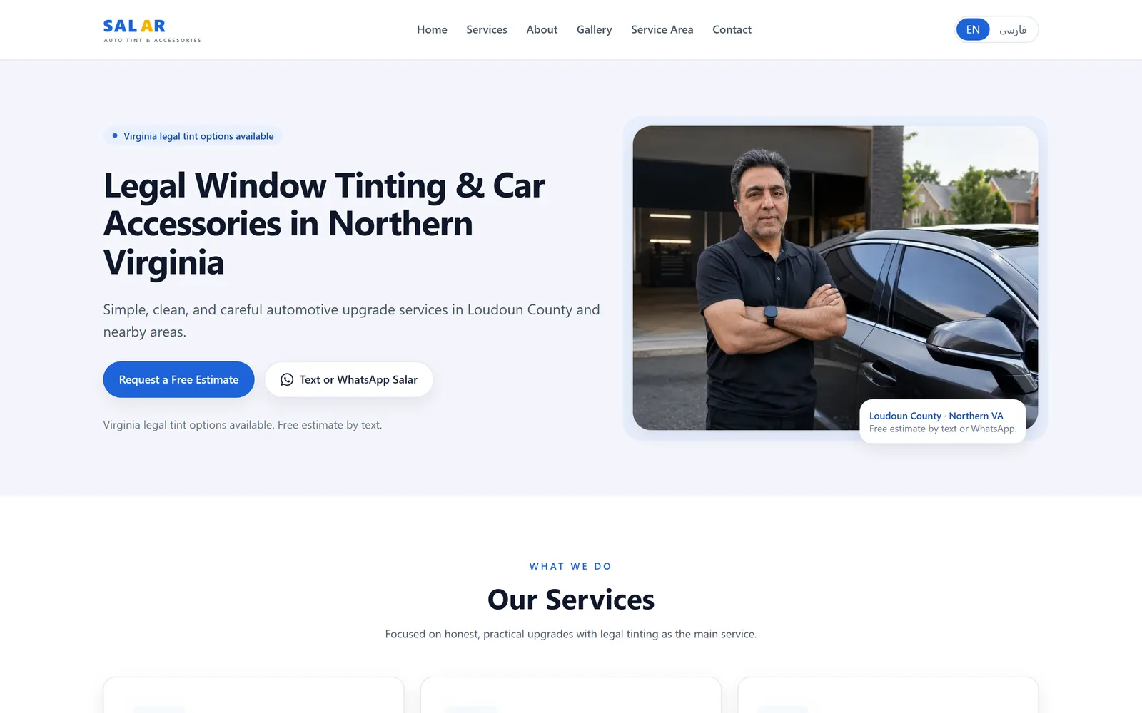 The Salar Auto Tint home page in English: Legal Window Tinting and Car Accessories in Northern Virginia, with estimate and WhatsApp buttons beside a photo of the owner